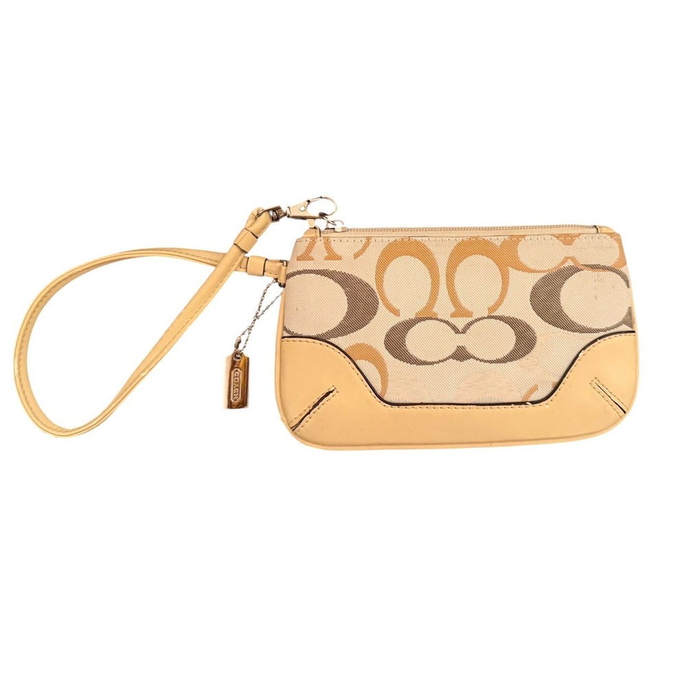 Classic Coach Y2k Optic Signature Wristlet Beige Tan Jacquard Leather‎ Trim